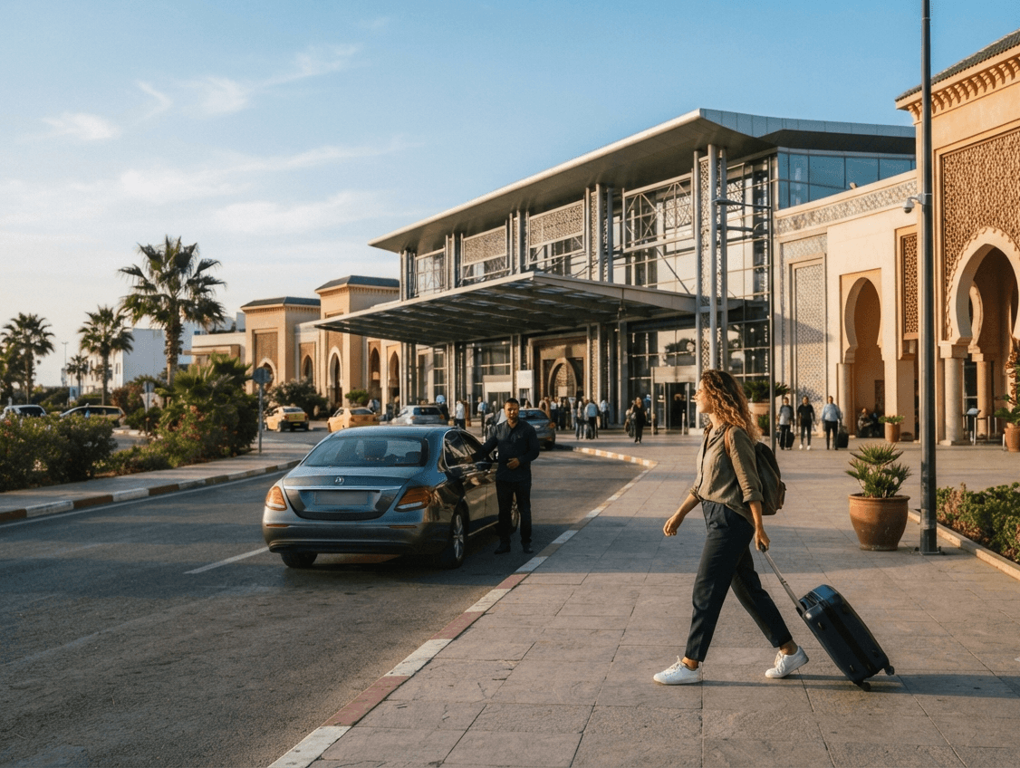 Passagère quittant l'aéroport Ibn Battouta de Tanger avec sa valise — voiture de location 4ème Génération et agent l'attendant devant le terminal