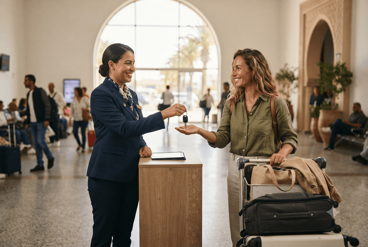 Une agente 4ème Génération remet les clés d'une voiture de location à une cliente dans le hall d'accueil de l'aéroport de Tanger