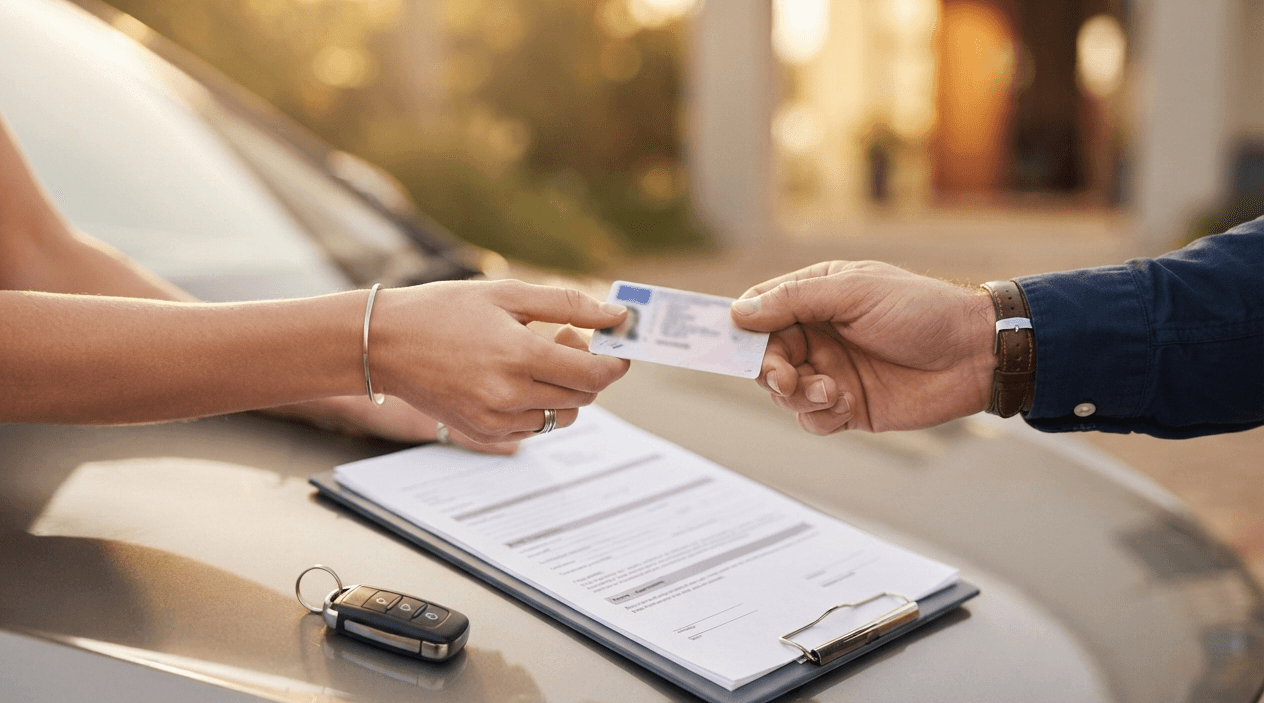 Remise du permis de conduire, du contrat de location et des clés du véhicule sur le capot d'une voiture — les documents à préparer avant la prise en main