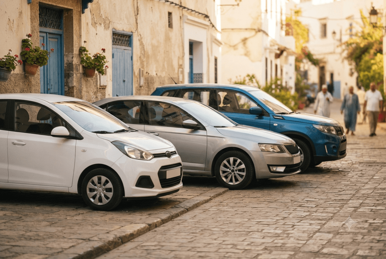 Trois véhicules de la flotte 4ème Génération — citadine blanche, berline et SUV — stationnés dans une ruelle pavée de la médina de Tanger