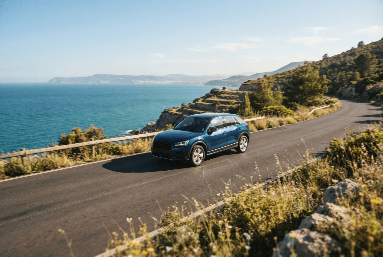 SUV de la flotte 4ème Génération sur une route côtière du nord marocain, avec vue sur la Méditerranée depuis les falaises